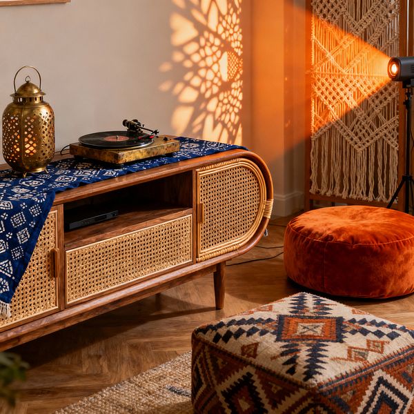 A cozy media corner features a low rattan-front console in warm wood holding a record player, with a brass perforated lantern and an indigo patterned runner on top. An orange spotlight projects lace-like shadows across the wall and a macramé hanging, while a burnt-orange velvet floor cushion and a kilim-patterned pouf sit on a neutral rug over herringbone flooring, creating a layered bohemian setting.