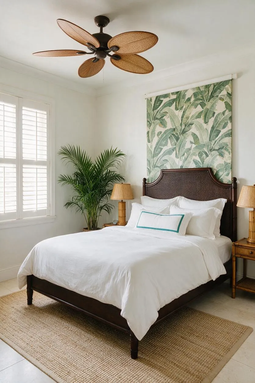 A bright guest bedroom with a dark wood bed and woven headboard, dressed in crisp white bedding and accented by a turquoise-trimmed pillow. Tropical palm-pattern wallpaper hangs above the bed, while bamboo-style nightstands, woven lamps, a natural fiber rug, and a potted palm complete the airy, resort-like look.