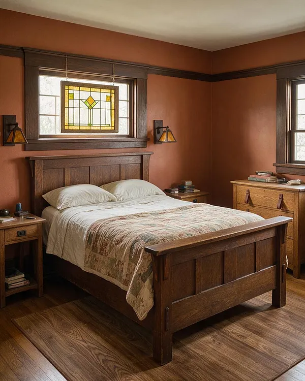 A Craftsman-style master bedroom with a dark wood bed frame, matching nightstands, and warm terra-cotta walls. A small stained-glass window panel and amber wall sconces add decorative detail, while white bedding and a patterned quilt soften the rich wood tones.