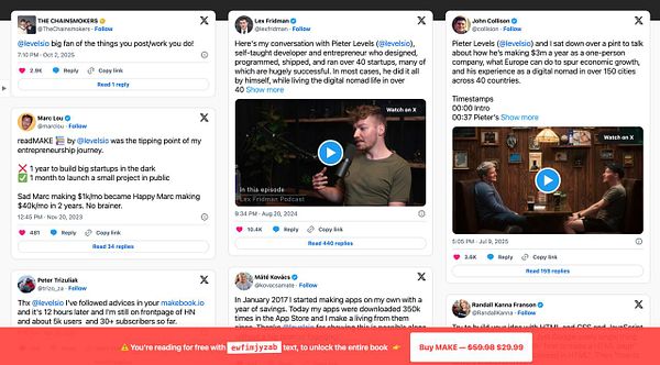 Landing page of the ReadMake podcast featuring various podcast episodes and branding elements.