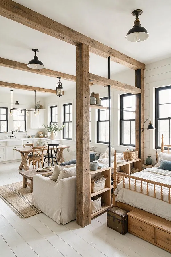 A bright studio apartment combines bedroom, living, and dining areas within one open room. Exposed rustic wood beams divide the space, while white walls, black-framed windows, and simple farmhouse furnishings create a warm, airy look.