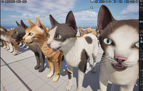 A lineup of various 3D cat models in a digital environment.