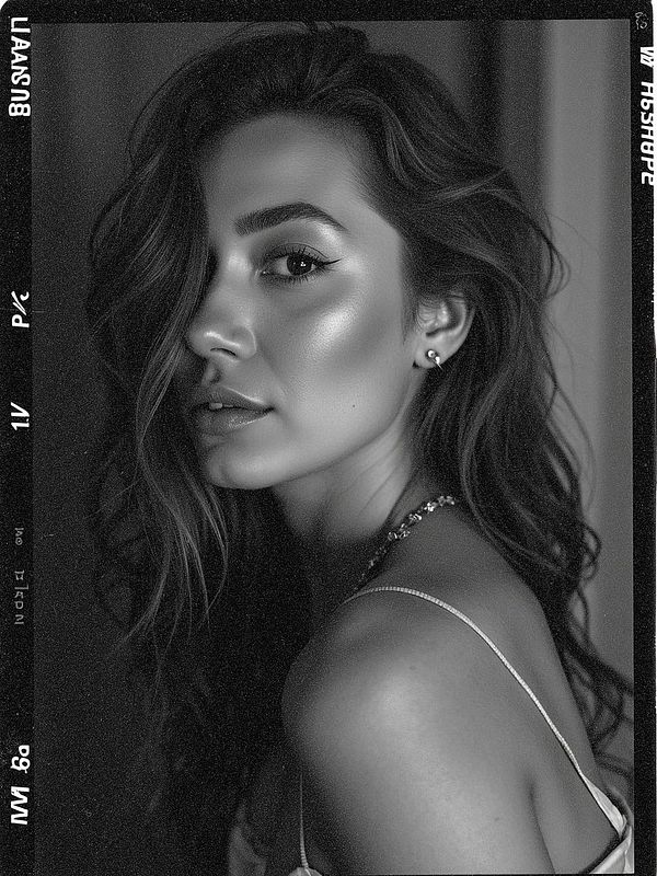 A striking black and white portrait of a woman with wavy hair, showcasing her profile and facial features.