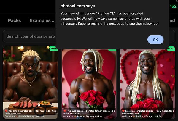 A notification popup confirms the successful creation of an AI influencer named 'Frankie XL' alongside three generated photos of the influencer.