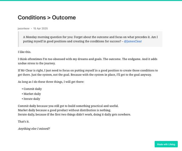A reflective post discussing the importance of focusing on conditions rather than outcomes in achieving success.