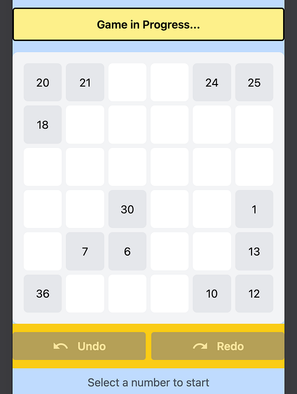 A mobile game interface displaying a game board with numbered tiles and control options.