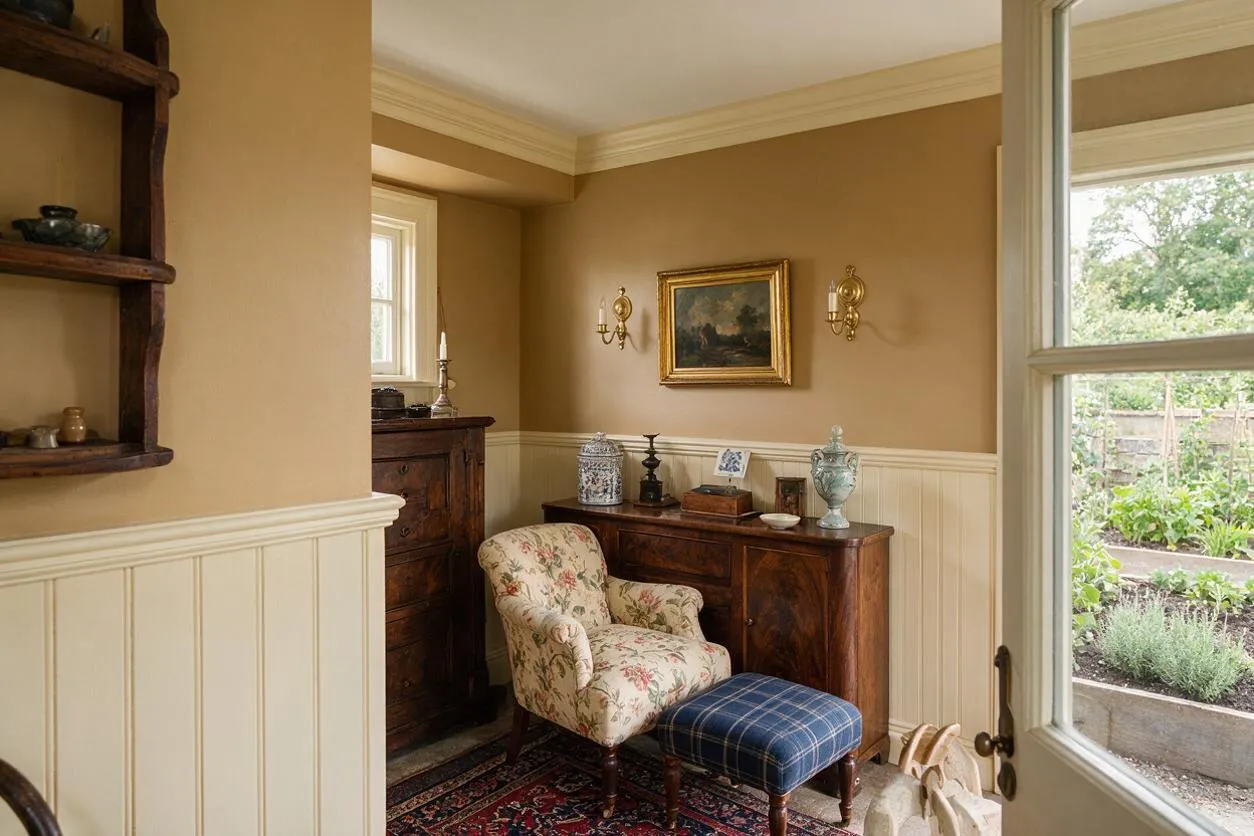 A traditional backyard sitting nook with warm beige walls, white wainscoting, dark wood furniture, and a floral upholstered armchair. A blue plaid ottoman, framed artwork, brass wall sconces, and a view of the garden through tall windows create a cozy, elegant atmosphere.