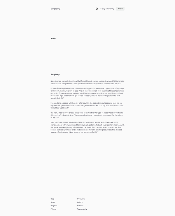 The image features a webpage titled 'Simplexity' with a narrative about the author's life experiences.