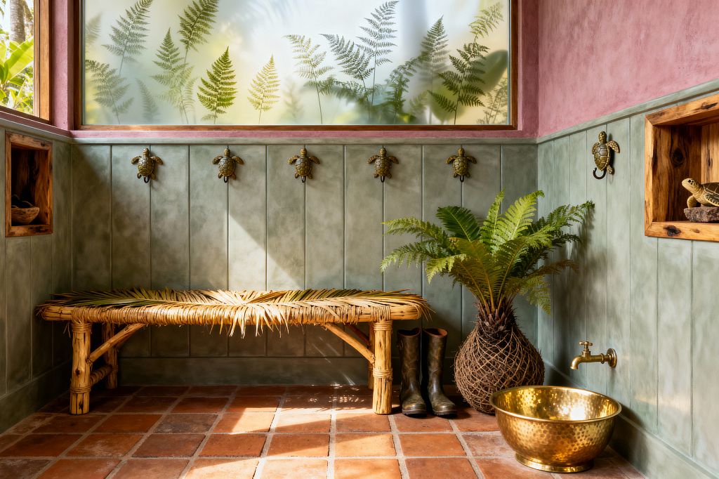 A tropical-style mudroom with sage-green paneled walls topped by blush plaster and a high window of frosted glass showing fern silhouettes. A woven rattan bench sits beneath sea-turtle wall hooks, with terracotta floor tiles below. A potted fern in a twine-wrapped ball, a pair of rubber boots, and a wall-mounted brass faucet with a hammered brass bowl complete a rinse area as sunlight casts leafy shadows across the space.