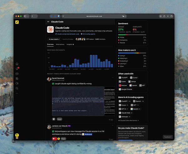 Dashboard page on wip.co/tools showing detailed metrics and community mentions about the tool Claude Code.
