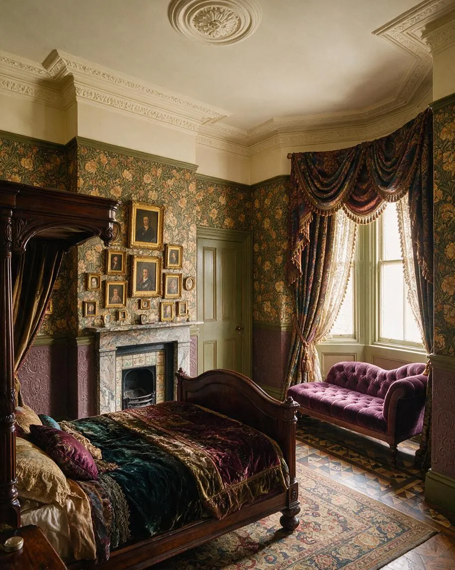 A richly decorated Victorian master bedroom with a carved dark wood four-poster bed, layered velvet bedding, floral wallpaper, ornate crown molding, and a marble fireplace covered in framed portraits. A purple tufted settee sits beside tall windows dressed with heavy patterned drapes and lace curtains, while a patterned rug and geometric tile floor complete the historic, luxurious look.