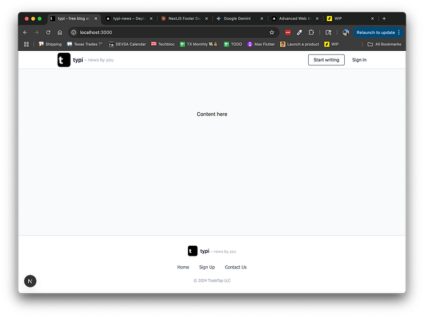 The image displays a web interface for a blogging platform with a footer and a placeholder for content.