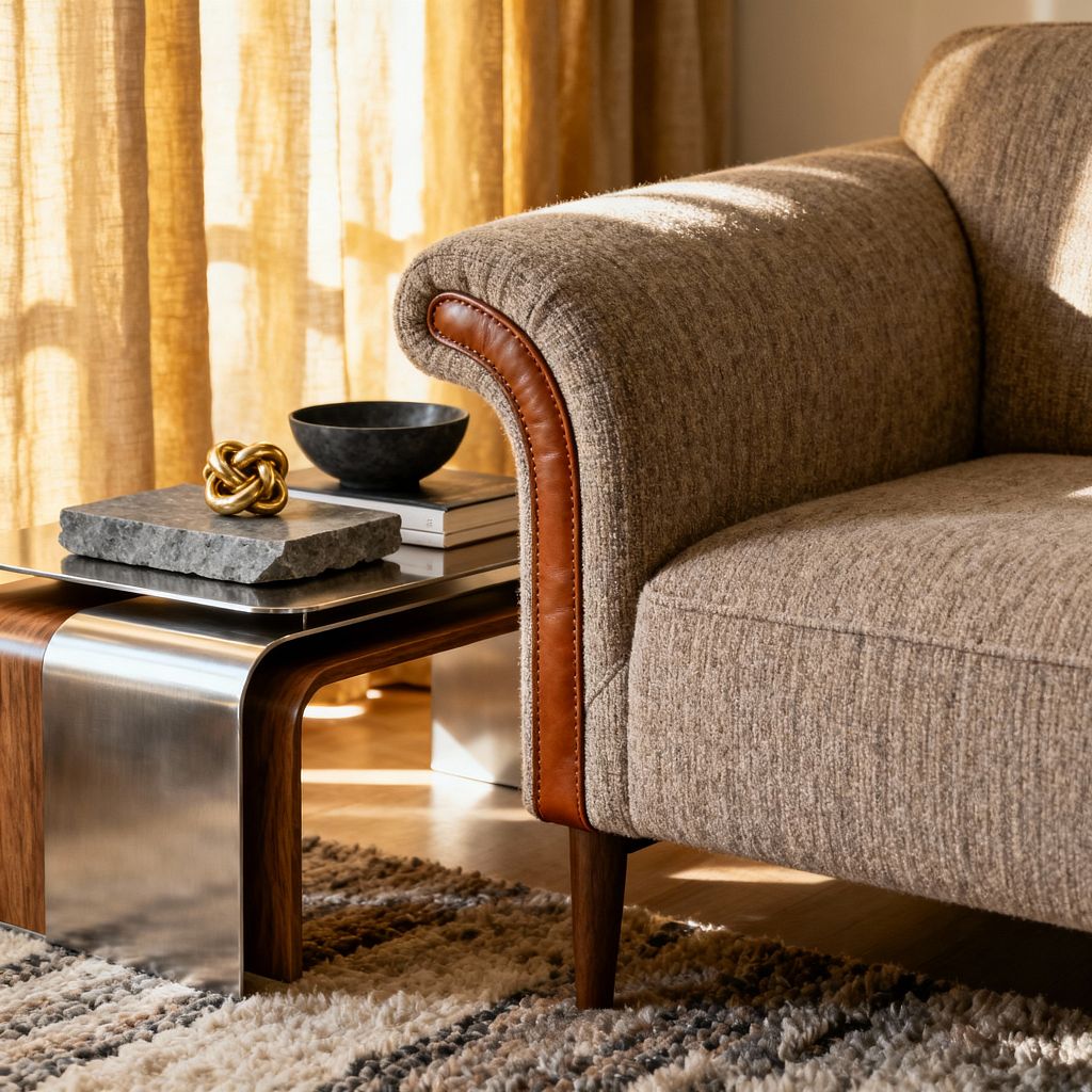 Close-up of a transitional living room corner featuring a taupe tweed rolled-arm sofa with cognac leather piping and tapered wood legs. Next to it, a low waterfall side table in walnut and brushed stainless steel holds a gray stone slab, a small stack of books, a black stone bowl, and a brass knot sculpture. Sunlight filters through golden linen curtains onto a textured neutral rug, highlighting warm neutrals and refined modern accents.