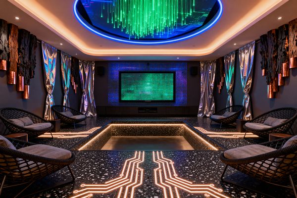 A futuristic media room features a sunken lounge set within black terrazzo flooring etched with glowing circuit patterns. A large screen sits on a pixelated LED wall, while an oval ceiling recess glows blue around a cascading green light display. Metallic silver curtains, charred wood panels, and copper tube sconces line both walls. Black woven lounge chairs with gray cushions face the screen under warm perimeter LEDs and recessed spotlights.