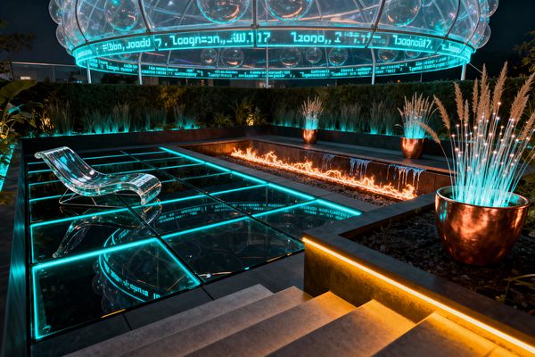 A futuristic patio at night shows a sunken lounge with LED-lit glass floor panels and a transparent acrylic chaise. A long linear fire feature runs beside a shallow water cascade, glowing orange and cyan. Copper planters hold grasses illuminated by fiber-optic strands, and concrete steps with amber underlighting lead down. A translucent dome with scrolling teal code hovers above, while dense greenery borders the space and reflects the neon light.