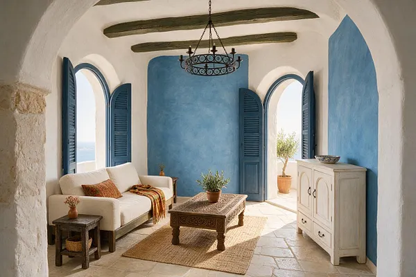 A bright Mediterranean-style sunroom with arched windows and doors, textured white walls, and blue accent panels. The room includes dark blue wooden shutters, exposed ceiling beams, a carved wooden coffee table on a jute rug, a cream sofa, and rustic wood furniture, with sunlight streaming in from the open doors.