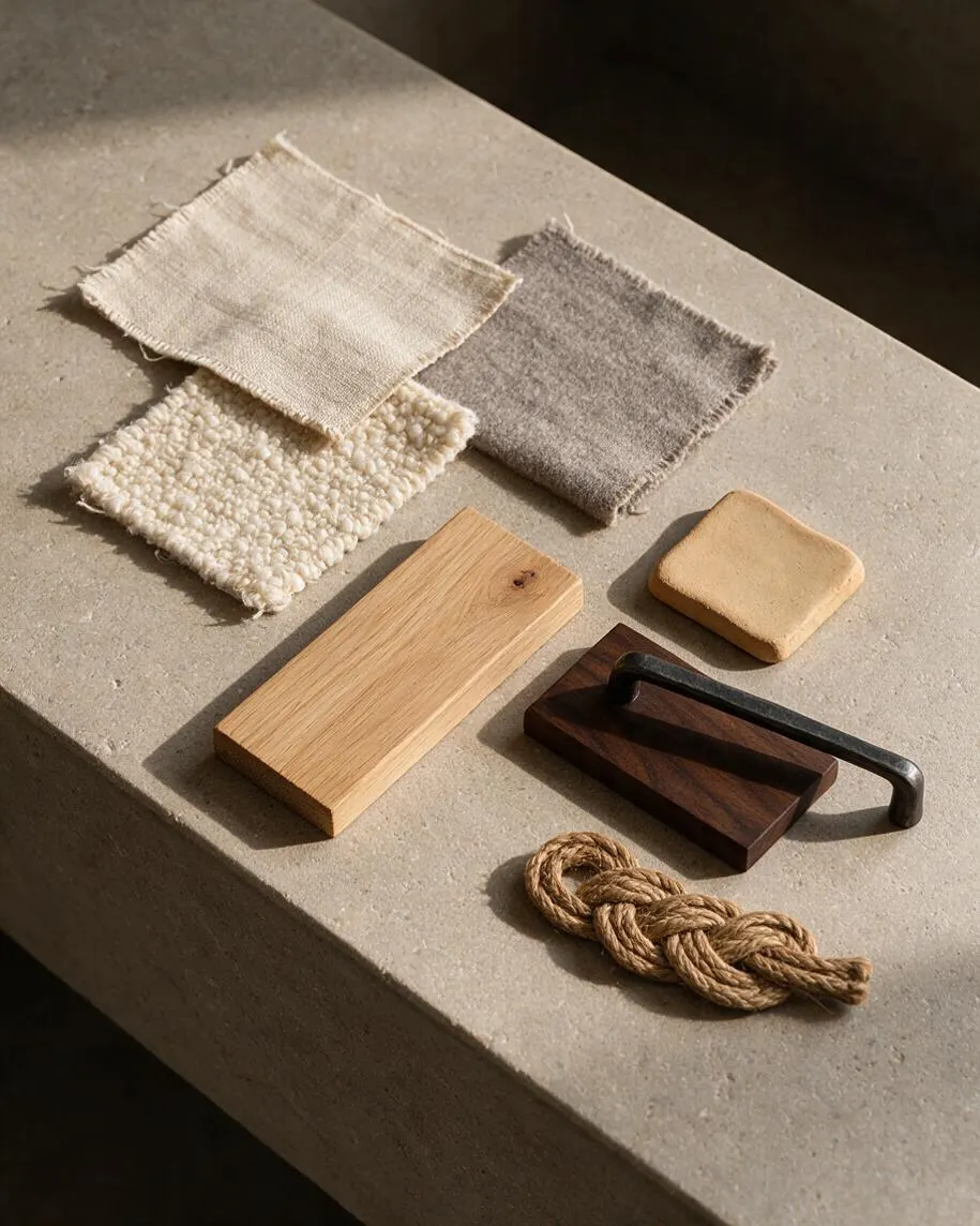 A curated flat lay of Japandi-inspired material samples arranged on a warm stone surface. The display includes neutral woven fabric swatches, a chunky boucle-like textile, light and dark wood pieces, a small clay-toned tile, a black metal handle, and a braided rope cord.