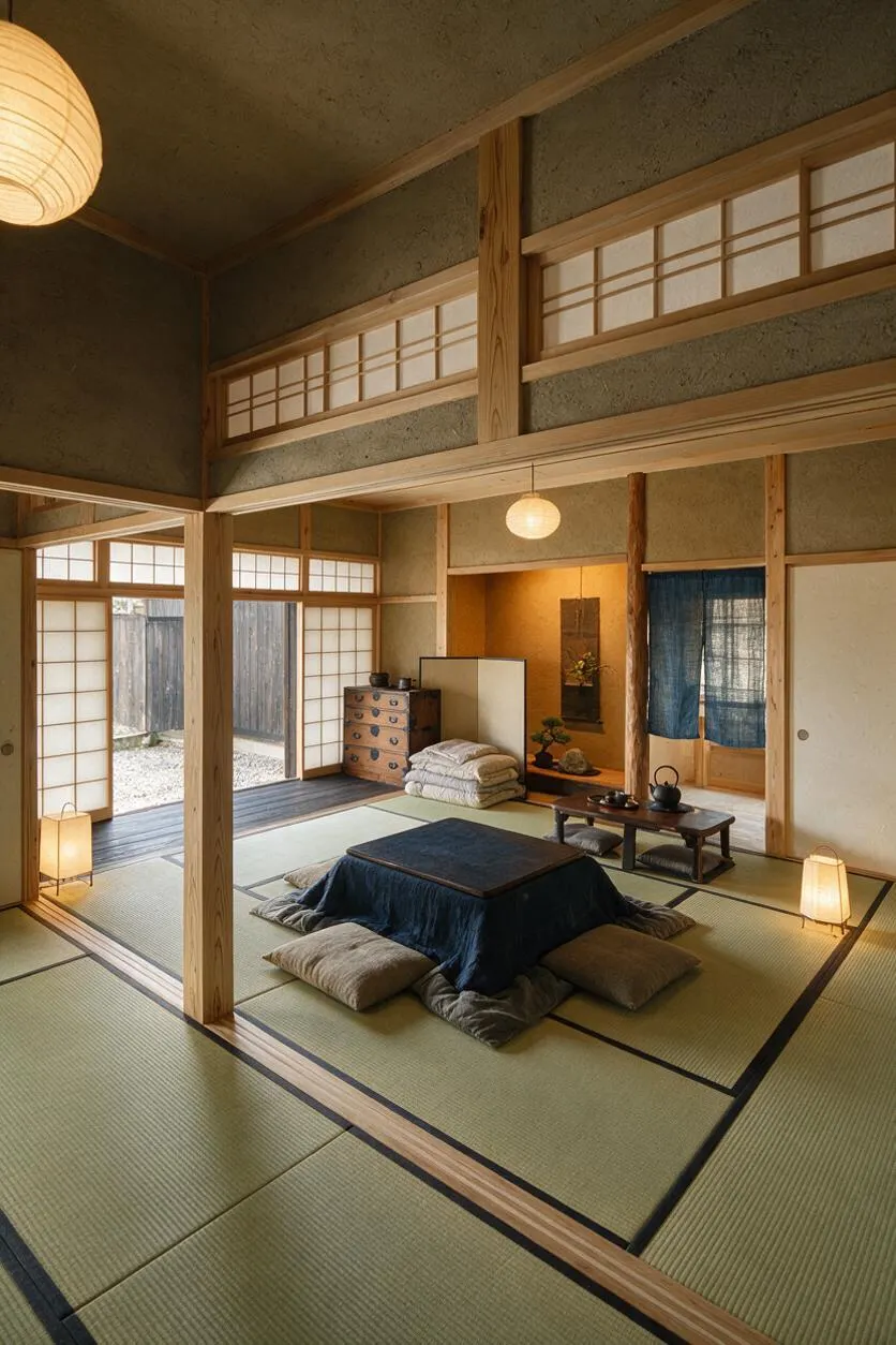 A serene Japanese-style guest bedroom with tatami mat flooring, low floor seating, and a central futon-style table draped in dark blue fabric. Light wood beams, shoji-style sliding panels, paper lantern lights, and a small alcove with a vase and bonsai create a calm, minimalist atmosphere.