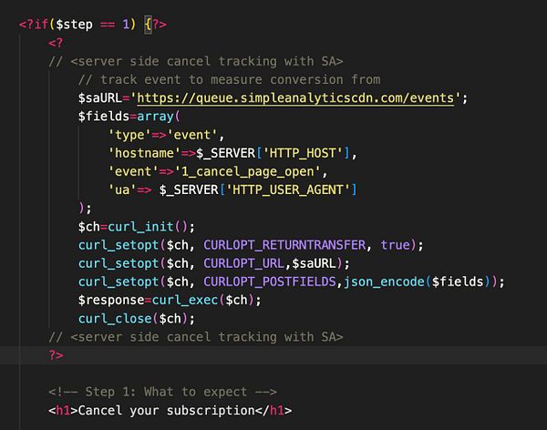 The image displays a code snippet for server-side cancel tracking using SimpleAnalytics.
