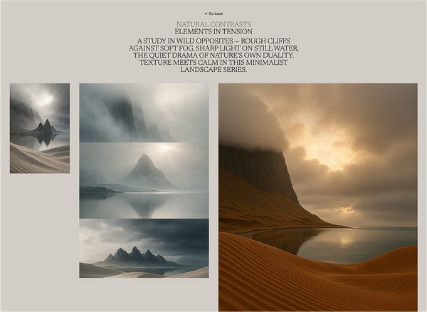 The image features a collection of serene landscape photographs showcasing natural contrasts between rugged cliffs, soft fog, and still water.