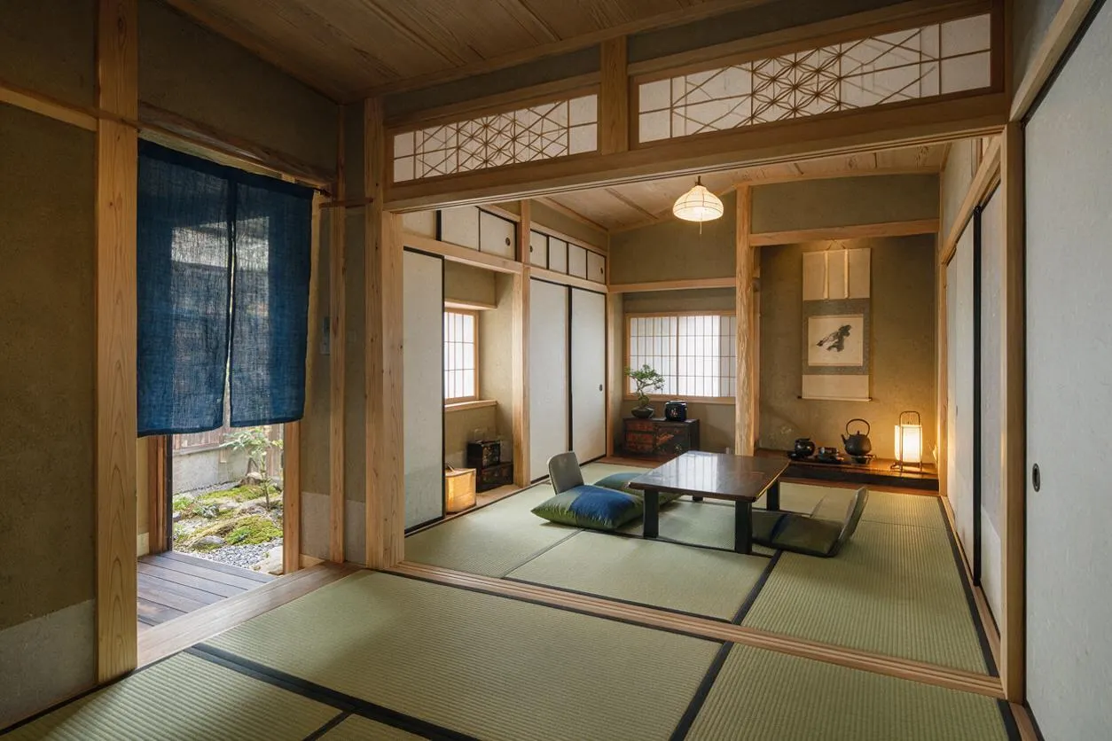 A Japanese Zen-style basement room with tatami mats, light wood framing, sliding shoji-style panels, and a low table surrounded by floor cushions. A blue noren curtain hangs at the entrance, while a tokonoma alcove with a hanging scroll and tea set glows under soft lantern lighting.
