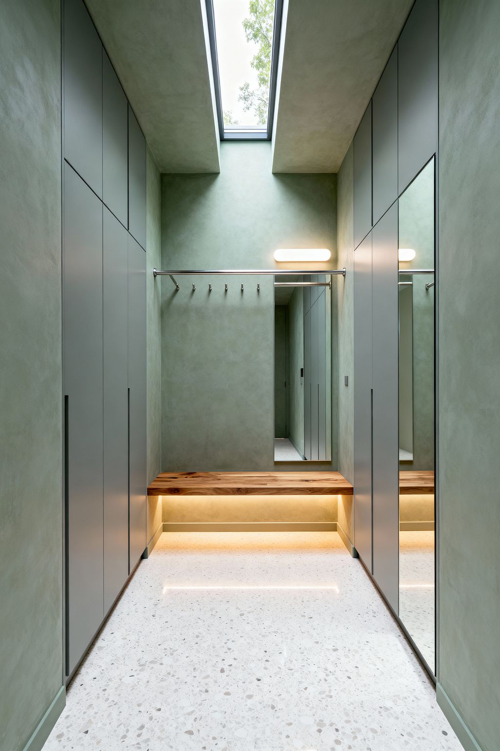 A narrow minimalist mudroom with sage green plaster walls and tall, handleless cabinets on both sides. A floating oak bench spans the end wall, lit by warm LED strips beneath, with a stainless-steel rail and hooks above. A full-height mirror and a slim oval wall sconce sit to the right. The floor is light terrazzo with a linear inset light, and a long skylight overhead floods the corridor with daylight.