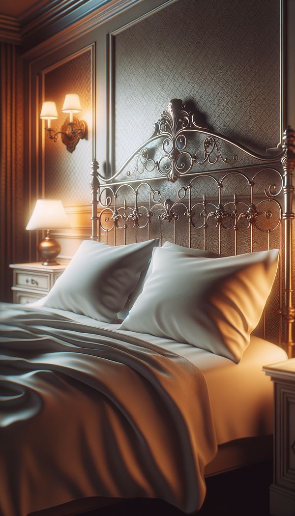 A vintage-inspired iron bed frame in a cozy bedroom, adorned with soft white linens and surrounded by soft lighting.