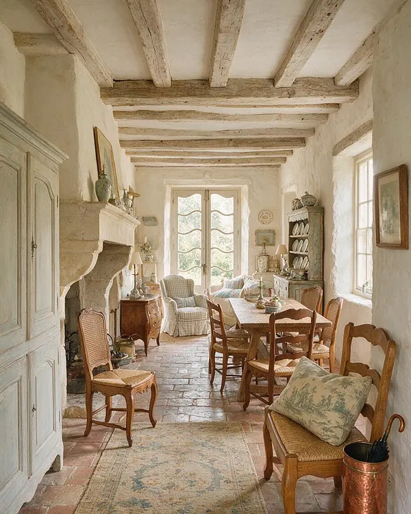 A French Country entryway with white plaster walls, exposed weathered wood ceiling beams, and a brick floor. The space includes a carved stone fireplace, rustic wooden chairs, a farmhouse table, painted cabinetry, and soft neutral textiles in a warm, sunlit atmosphere.