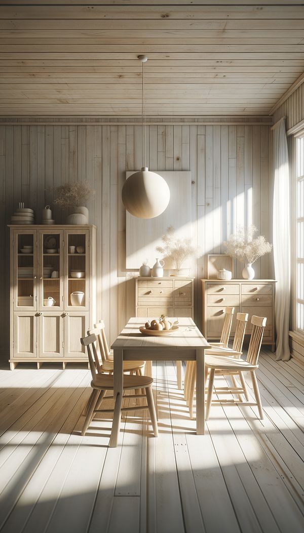 a set of wooden furniture pieces in a light-filled room, showcasing the beautiful texture and grain of the wood through a soft, translucent whitewash finish
