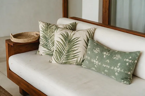 A tropical-inspired sofa vignette with a cream upholstered seat and rich wood frame, styled with three botanical pillows in green palm and tie-dye patterns. A woven tray rests on the arm, and the setting feels airy and relaxed with neutral walls and soft natural light.