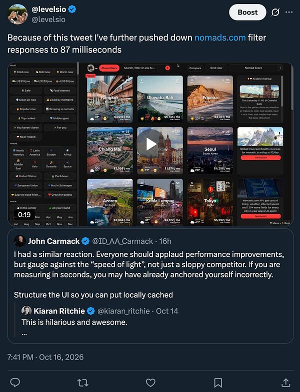 A Twitter post by @levelsio sharing a screenshot of an improved, faster nomads.com filter interface, along with a related tweet by John Carmack.