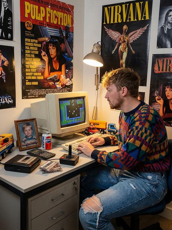 A young man is seated at a retro computer desk, surrounded by nostalgic decor and gaming memorabilia.
