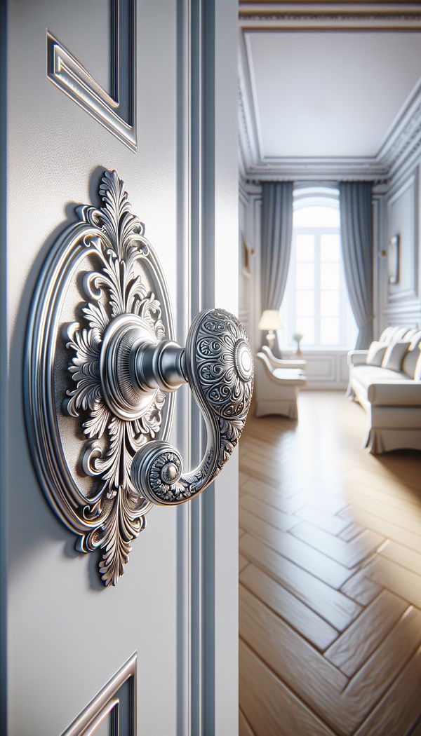 An elegant interior door featuring a chased metal handle with intricate floral patterns, set against a white door in a well-lit room.