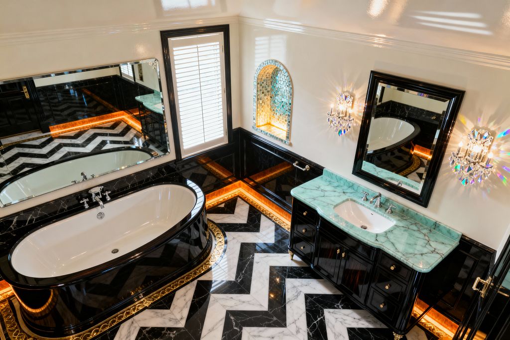 Luxurious bathroom viewed from above featuring an oval white tub set in a glossy black surround edged with gold on a black-and-white chevron marble floor. Warm cove lighting glows at the base, reflecting off black high-gloss wainscoting. A mint green marble vanity with chrome faucet and brass knobs sits beneath a black-framed mirror, flanked by crystal sconces. An arched, lighted niche lined with mirrored mosaic tiles and a window with white shutters complete the scene.