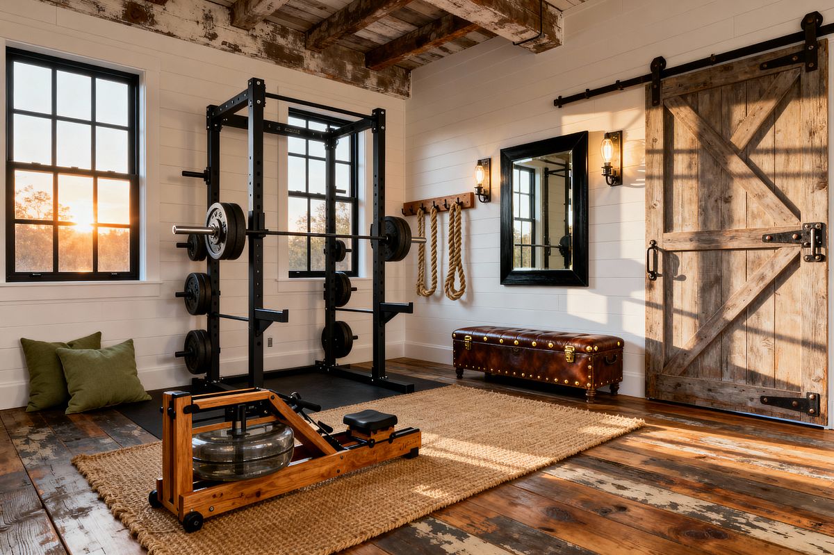 Room AI – Farmhouse Gym with Barn Door and Beams - Interior Design