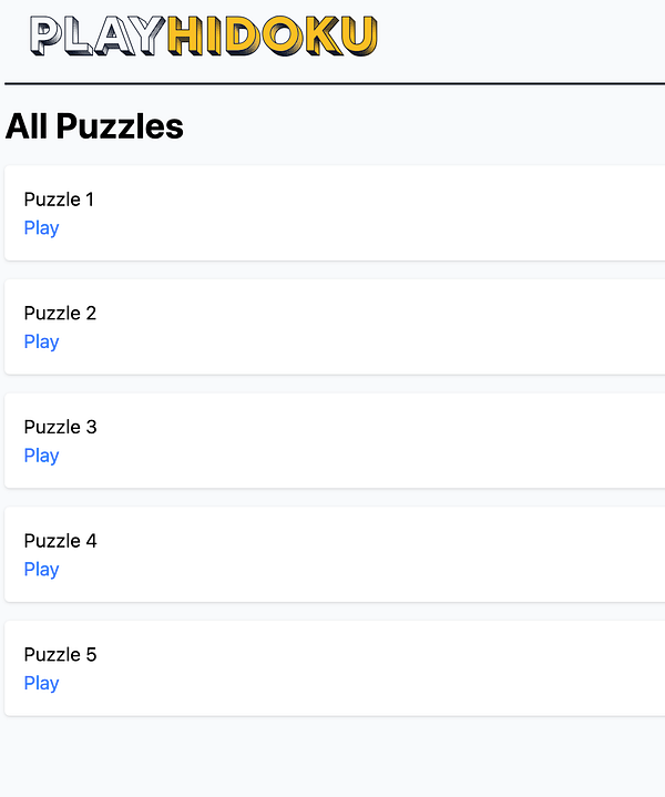 A webpage layout displaying a list of puzzles for a game called Hidoku.