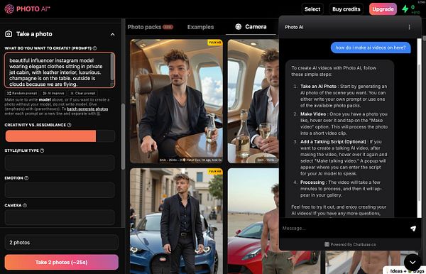 The image displays a user interface for a photo generation tool featuring a prompt for creating an AI-generated photo of a model in a private jet.