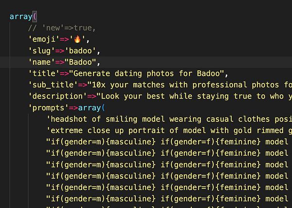 The image displays a code snippet related to generating dating photos for the Badoo platform.