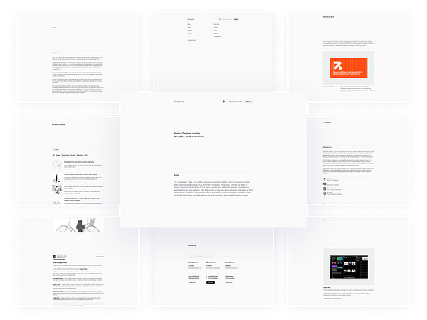 The image displays a multi-panel layout of a website showcasing a product designer's portfolio and information.