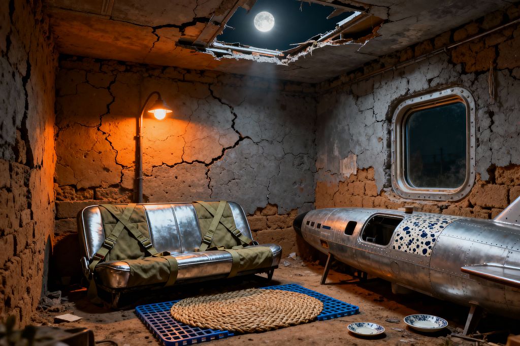 A small bunker-like living room with cracked mud-brick walls and a hole in the ceiling revealing the moon. A warm industrial wall sconce lights a silver metal bench seat strapped with olive canvas. Opposite, a riveted airplane fuselage repurposed as a console sits below a porthole-style window. On the dirt floor, a round jute rug rests on a blue plastic pallet, with blue-and-white enamel dishes nearby.