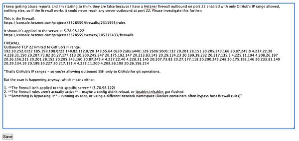 Diagram illustrating IP addresses, port scanning, firewall rules, and GitHub IP ranges in context of abuse report investigation for pieter.com.
