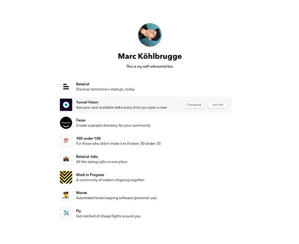 A mock-up profile page featuring a personal bio and links to various projects.