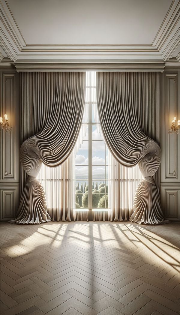An elegant living room with tall windows dressed in goblet pleat curtains, showing the detailed pleating and luxurious fabric.
