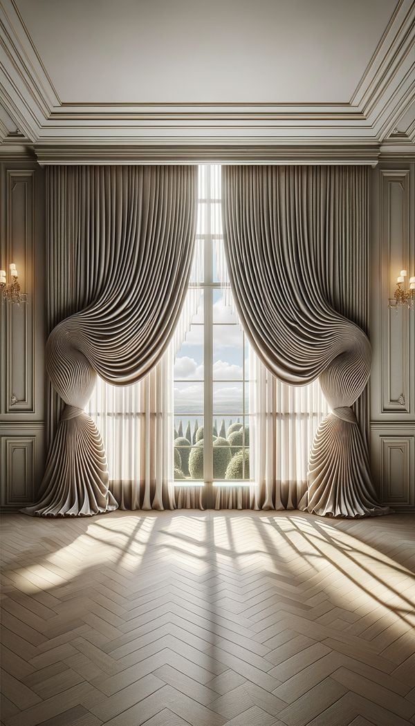 An elegant living room with tall windows dressed in goblet pleat curtains, showing the detailed pleating and luxurious fabric.