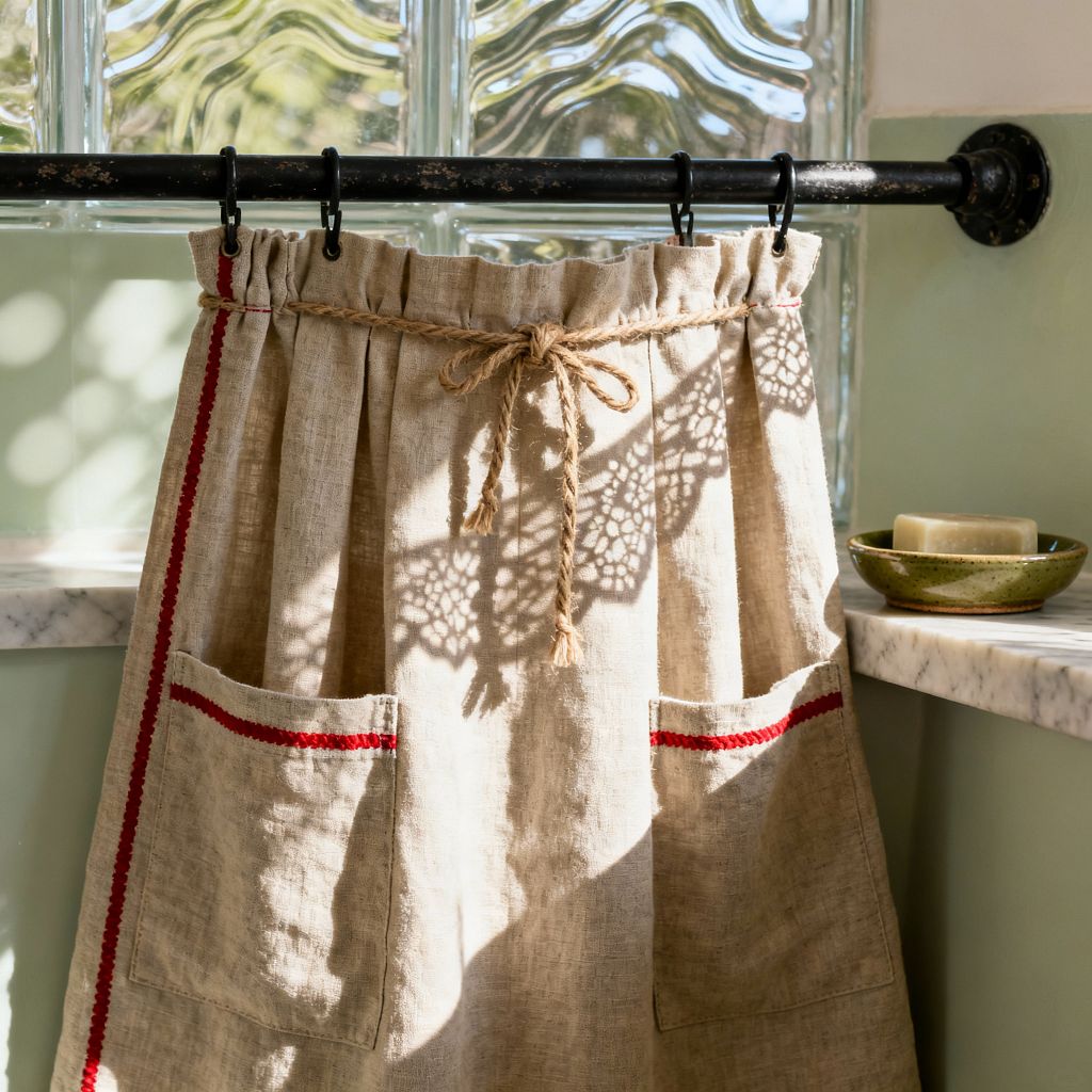 Close-up of a farmhouse kitchen corner with a natural linen apron, trimmed in red and fitted with front pockets, clipped to a blackened iron rod. A braided jute tie gathers the top, while a wavy glass-block window behind casts dappled light. To the right, a white-gray marble ledge holds an olive-green ceramic dish with a bar of soap. The wall is painted a soft sage and the metal hardware shows a timeworn patina.