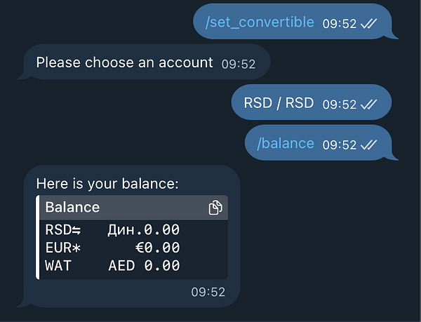 The image displays a chat interface showing account balance information.