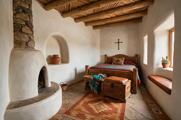 A cozy Southwestern guest bedroom with white stucco walls, exposed log ceiling beams, and a rounded kiva-style fireplace made of stucco and stone. A wooden bed with a striped woven blanket sits against the back wall, with a carved chest at the foot, terracotta accents, a small cactus by the window, and patterned tile details along the stone floor.