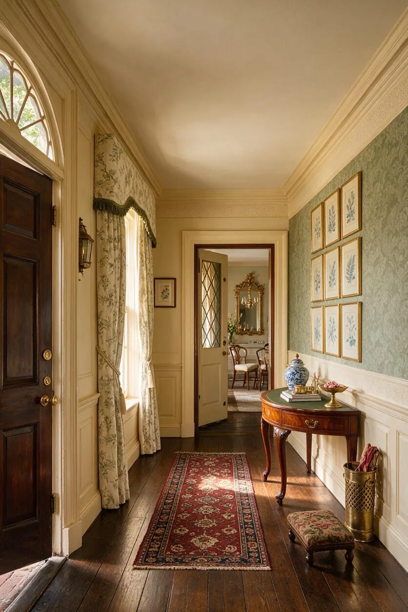 A traditional entryway with dark wood floors, a rich red runner rug, and cream walls with green floral wallpaper. A small polished wood console table holds decorative ceramics and books, while framed botanical prints line the wall. The space is lit by natural light from a tall window with draped curtains and opens into a formal room beyond.