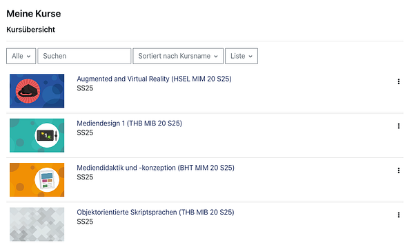 The image displays a course overview interface for a semester's classes.
