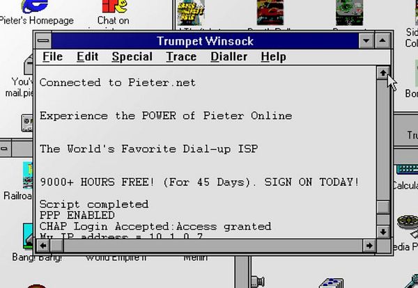 A vintage computer interface displaying a dial-up connection to Pieter.net.